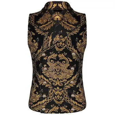 Men Gothic Victorian  Black/Gold Brocade Waistcoat Vest Jacquard Tuxedo Vest • $49.85