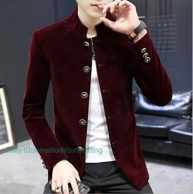Mens Slim Fit Velvet Jacket Chinese Tunic Suit Jacket Stand Collar Coat Casual • $40.49