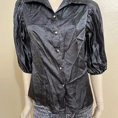 Women’s Black Polyester Satin Casual Pleated Size L Button Up Shirt Top Blouse • $15