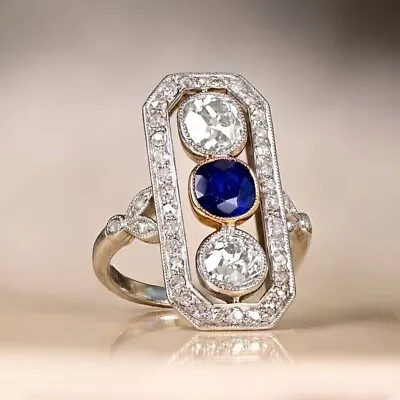 Vintage 3 Stone Sapphire & Lab Created Diamond Engagement 925 Silver Gift Ring • $85