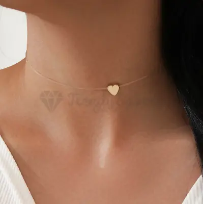 Gold Invisible Sterling Silver Heart Shaped Pendant Fishline Choker Necklace • £3.99
