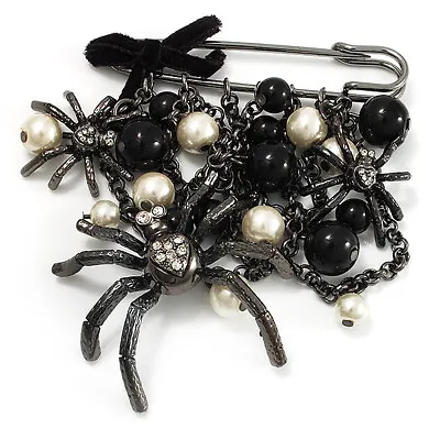 'Spider Chain & Bead' Charm Safety Pin Brooch (Gun Metal Finish) - Catwalk - • £41.95