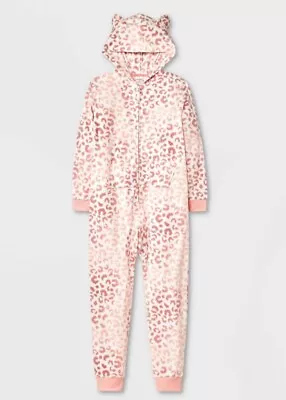 Girls' Long Sleeve Zip Hooded Unionsuit Pajama Bodysuit Pink Animal Print XL 14 • £14.47