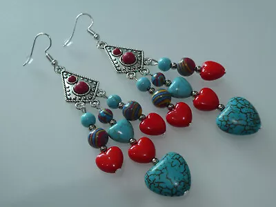 Native American Style Turquoise Malacite Glass Chandelier Long Drop Earrings • £10.99