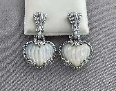 JUDITH RIPKA Sterling Carved Mother Of Pearl CZ Heart Clip On Earrings;O413 • $125