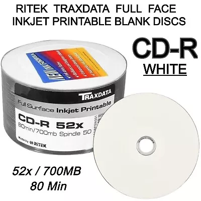 Traxdata Inkjet Printable CD-R 52x White Ritek Blank CD Discs 700MB 80 Mins Lot • £18.95