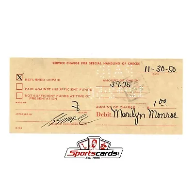 Marilyn Monroe Bank Issue Counter Check Receipt Dated 11-30-50 • $124.99