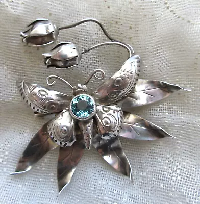 Exquisite Aqua Crystal Sterling Silver BUTTERFLY TULIP FLOWERS Vintage Brooch • $11.07