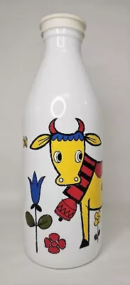 Egizia White Glass Milk Bottle With Super Cute Cow Design & Plastic Lid Vintage • $12.50