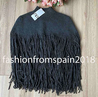 Zara New Woman Knit Cape With Fringing Dark Grey S-ml-xl 3739/017 • $54.88