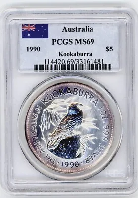 INAUGURAL KOOKABURRA 1990 AUSTRALIA .999 Silver $5 1oz SILVER COIN PCGS MS69 • $308