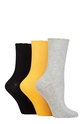 Ladies Bamboo Socks  Ribbed With Scallop Top In Many Colour Options-3 Pairs-Elle • £10.99