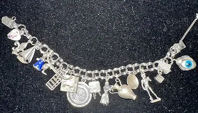 Vintage Sterling Silver 925 Charm Bracelet Loaded With 16 Silver Travel Charms • $125