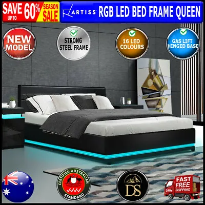 $426.79 • Buy Artiss RGB LED Bed Frame Queen Size Gas Lift Base Storage Black Leather LUMI New