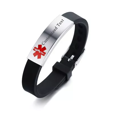 Personalized Men Women Medical Alert ID Bracelet Silicone SOS Bangles Adjustable • £6.47