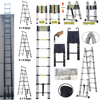 £21.51 • Buy 8FT-20FT Tall Telescoping Ladder Extension Collapsible Ladders Aluminum /+ Hook