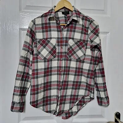 Topshop Shirt Women UK 8 White Red Check Plaid Tartan Button Long Sleeves Ladies • £6.99