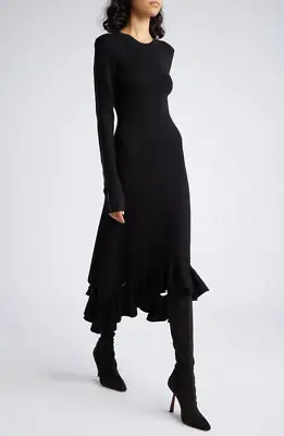 ICTORIA BECKHAM New Flounce Hem Asymmetric Merino Wool Knit Dress $890 Sz L • $198.90