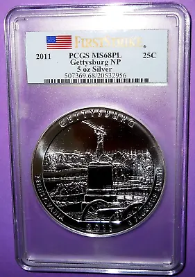 2011 Gettysburg Np Atb 5 Oz. Silver Coin- Pcgs High Grade (first Strike) Ms-68pl • $375