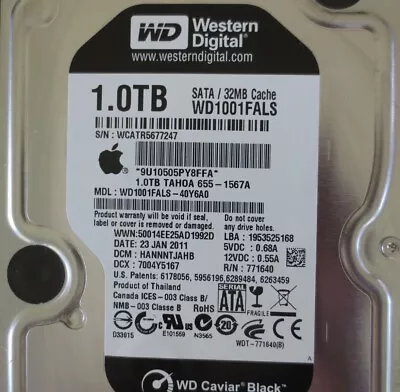 For Parts Only WD WD1001FALS-40Y6A0 DCM:HANNNTJAHB Apple#655-1567A 1.0TB • $45.51