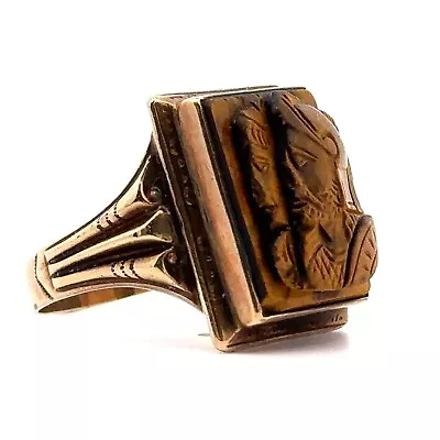 Vtg Art Deco Carved Tiger’s Eye Cameo 10k Gold Ring Sz 11.5 9 Grams Roman • $206.99