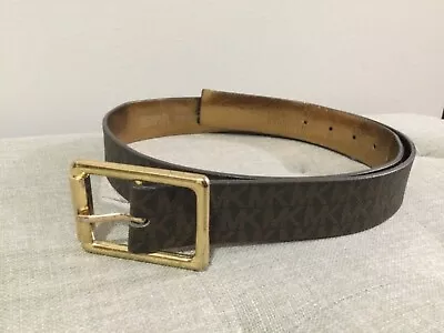 MICHAEL KORS SIGNATURE LOGO Brown Faux Leather Belt With Gold Buckle Size Large • $14.99