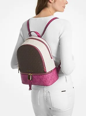 Michael Kors Rhea Zip Medium Logo Signature Backpack Deep Fuchsia Multi NWT $378 • $226