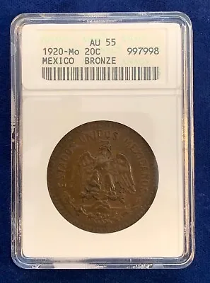 Mexico 1920  20 Centavos Bronze Coin Almost Uncirculated Certified Anacs Au55 • $200