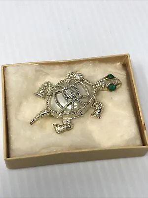 Vintage Faux Mother Of Pearl Turtle Pin With Green  Eyes 2 3/8” X 1 1/4” Brooch • $8.99