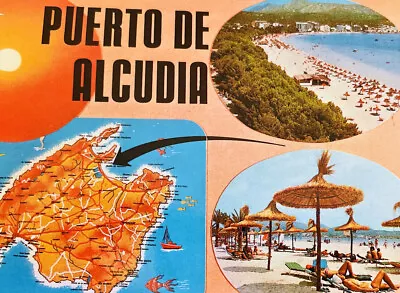 Puerto De Alcudia Mallorca Majorca Tourist  Beach Map Island Vintage Postcard • $2.59