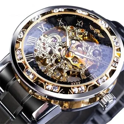 Men's Watches Skeleton Watch Mechanical Movement Stainless Steel Transparent UK • £20.49