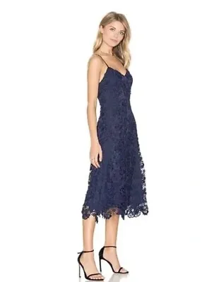 Alice Olivia Naomi Navy Blue Lace Midi Dress NO SIZE FITS 8 Cocktail Appliqué • $62.99