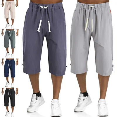Mens Elasticated Waist Linen Cargo Shorts Casual Baggy Drawstring Capri Pants US • $20.47