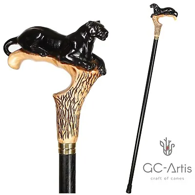 Wooden Walking Cane Stick Black Panther Cougar Cat Wood Carved Crafted Light  • $159