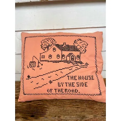 Vintage 1930s Feather Pillow Cross Stitched  The House By The Side Of The Road  • $42