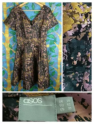 $34 • Buy ASOS UK 14 AU 10-12 Metallic Prom Dress V Neck Woven Abstract Gold Purple Black 