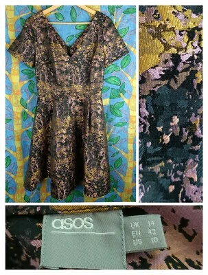 $34 • Buy ASOS UK 14 AU 10-12 Metallic Prom Dress V Neck Woven Abstract Gold Purple Black 