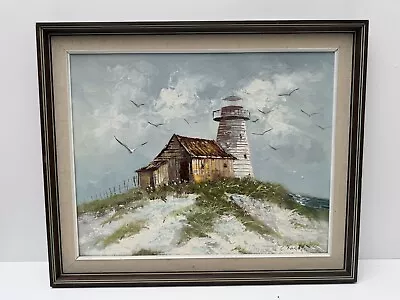 Lighthouse Acrylic Seaside Painting Gallery Wall Seagulls C Moret Vintage Signed • £50