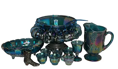 Indiana Glass Iridescent Blue Harvest Carnival Punch Bowl Full Set.  Vintage • $399.99