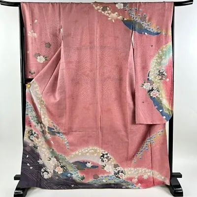 Woman Japanese Kimono Furisode Silk CherryBlossom Flower Circle Foil Pink • £126.33