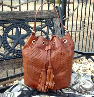 Margot Brown Leather Drawstring Bucket Shoulder Handbag Tassel Accent • $26