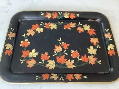 Vintage 1940s 50s  Black Metal Floral TV  Serving Tray Retro Mid Century • $9.84