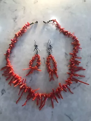 Vintage Real Red Genuine Branch Sea Coral Necklace Earrings Set Siver Sterling • $69.99