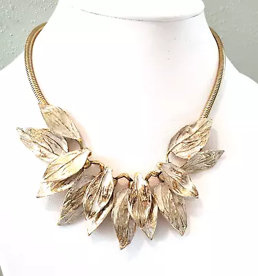 $75 • Buy Vintage Fall Dangle Leaf Necklace Gold Tone White Enamel Omega Chain,