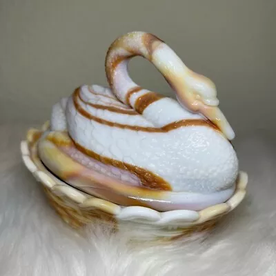 L.G. Wright / Westmoreland Butterscotch  Slag Glass Swan & Basket Covered Dish • $60