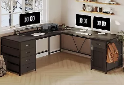 L Shaped Desk With 5 Drawers & Cabinet Home Office Desk Computer Desk Black • $199.89