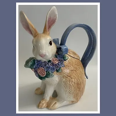 Vtg 1993 Fitz & Floyd Ceramic Easter Bunny Teapot Blue Handle W/Flowers & Ribbon • $55.99