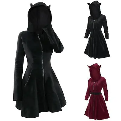 Womens Velvet Gothic Hooded Mini Dress Zip Up Cat Costume Steampunk Party Dress • $39.99