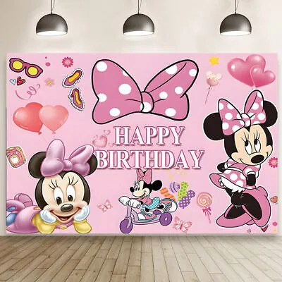 Pink Minnie Mouse Backdrop Girls Happy Birthday Party Photo Background Banner • $19.78