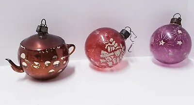 3 Vintage Pre WW2  2” Glass Ornaments Tea Pot Kettle Antique Blown Mercury Glass • $45